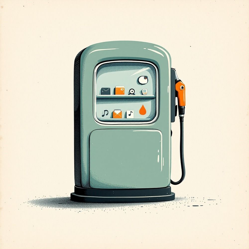 Riso illustration: a rounded petrol-green fuel pump with a window showing little capability icons — an envelope, a magnifying glass, a music note — and an orange nozzle on its hook.