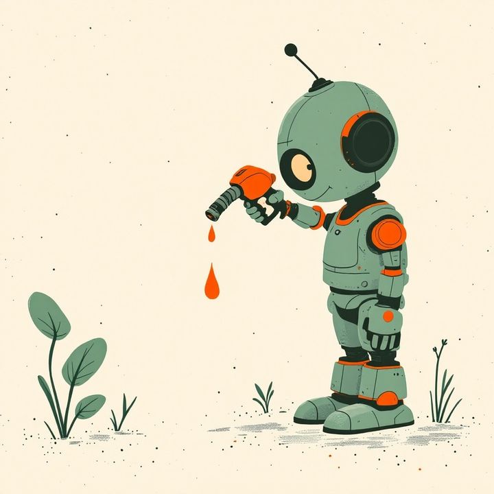 Riso illustration: a friendly petrol-green robot holding an orange fuel nozzle with one drop falling.